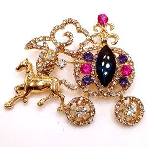 Vintage Brooch and Pendant Pegasus Carriage Gold Tone Rhinestones Crystals Pin